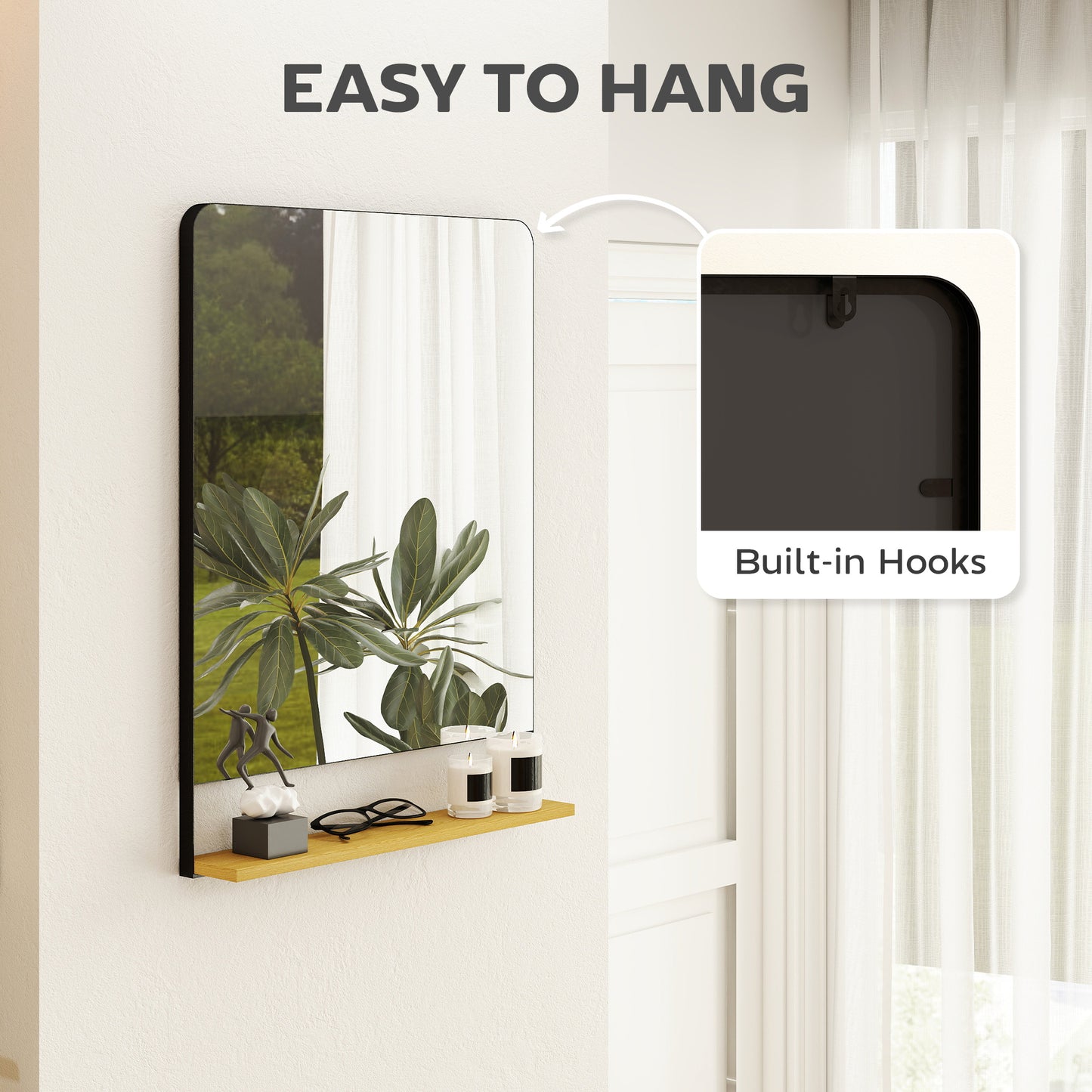 Wall Mirror with Wood Shelf - Black