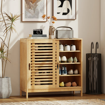 Bamboo Shoe Cabinet with 2 Sliding Slat Doors, 16Pairs, Adjustable Shelves, Natural