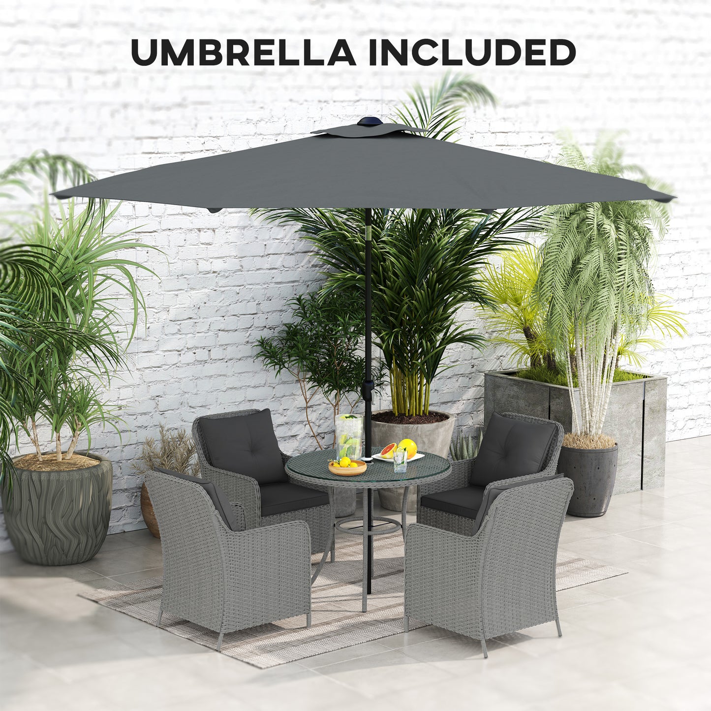 4 Seater Rattan Dining Set with Parasol & Cushions - Light Grey