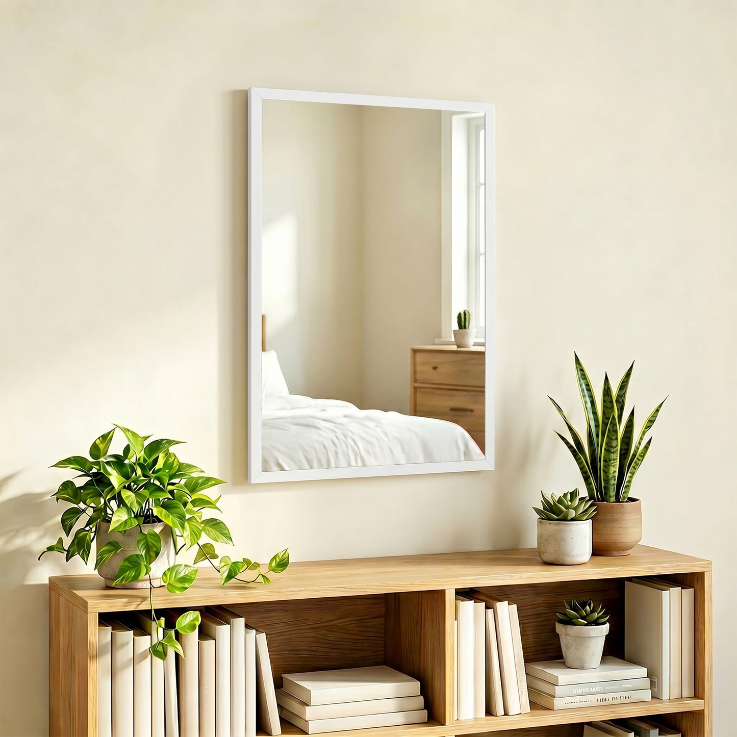 Wall-Mounted Bathroom Mirror, 70 x 50 cm Wall Mirror for Living Room, Bedroom, Hallway, White
