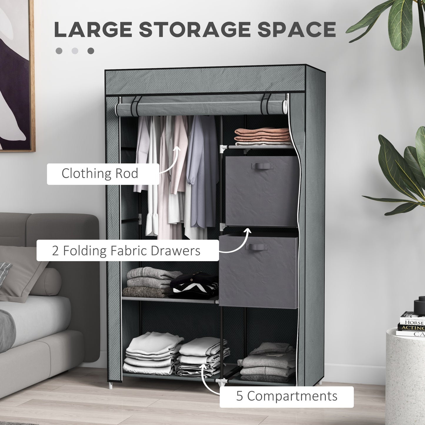 Fabric Wardrobe, Portable Wardrobe, Clothes Storage Unit with 5 Compartments, Hanging Rail and 2 Fabric Drawers