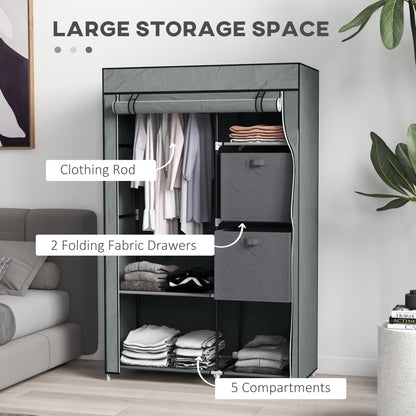 Fabric Wardrobe, Portable Wardrobe, Clothes Storage Unit with 5 Compartments, Hanging Rail and 2 Fabric Drawers