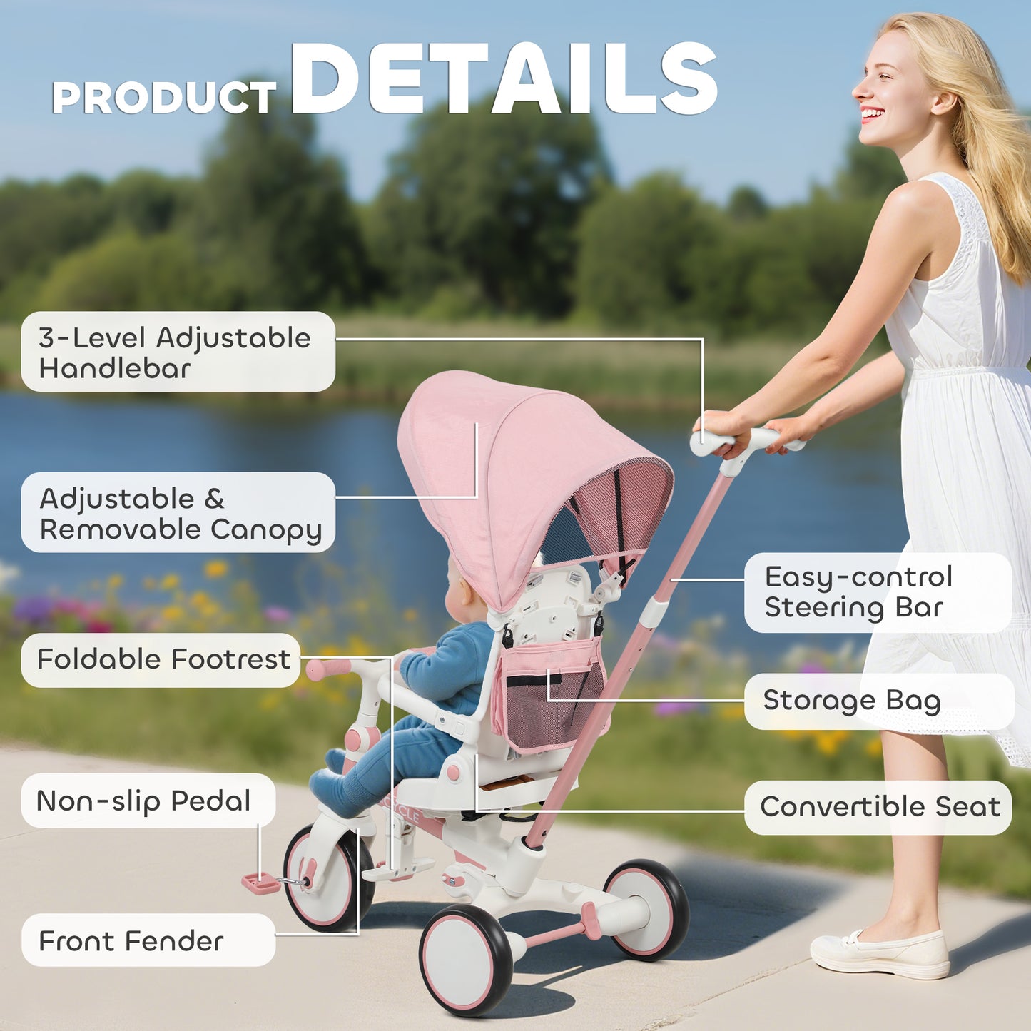 5 in 1 Kids Trike with Adjustable Backrest, Toddler Tricycle with Push Handlebar, Adjustable Backrest, Pink