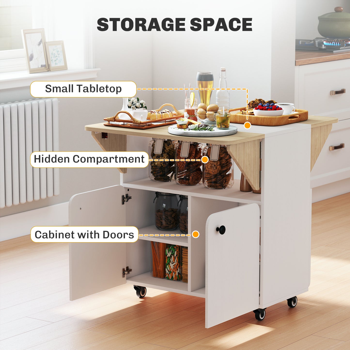 Folding Dining Table, Rolling Drop Leaf Table with Hidden Shelf & Cabinet for Dining Room, Small Spaces, White