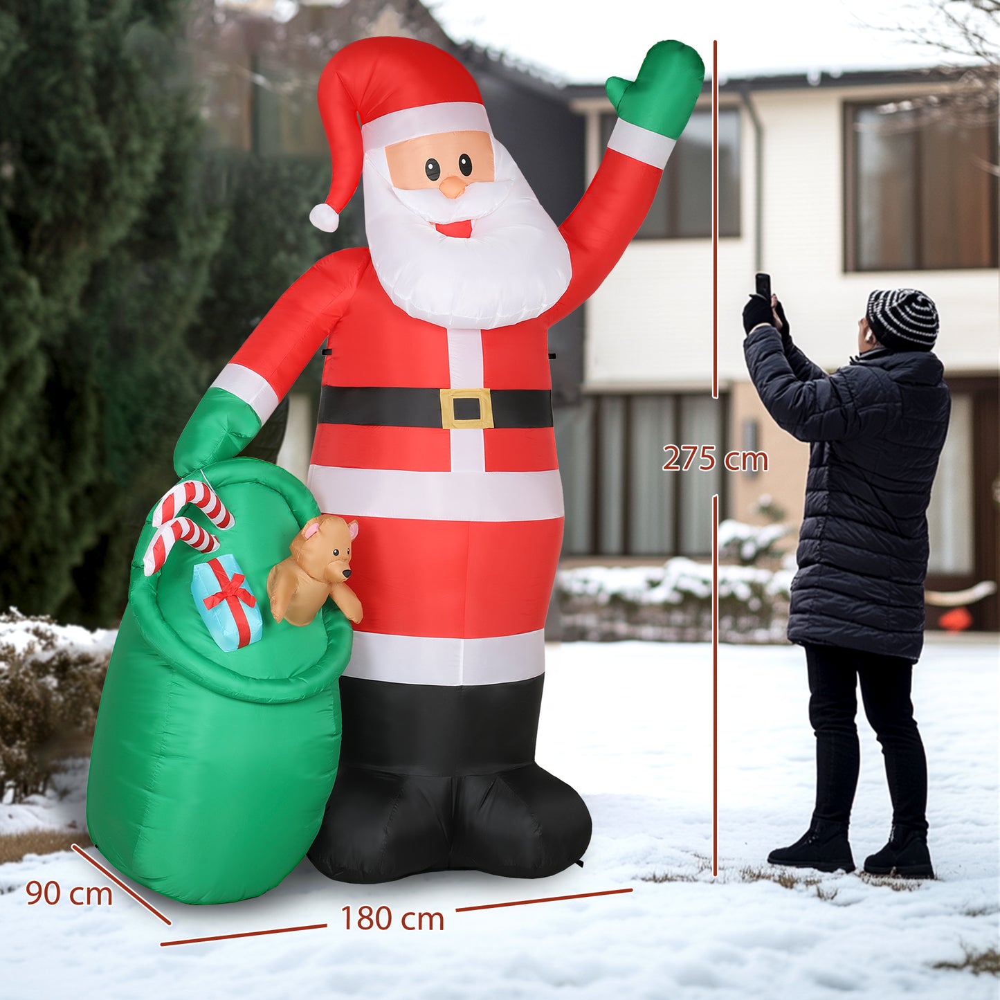 9ft/275 cm Christmas Inflatable Santa with Bear Sack, Giant Christmas Blow Up Decoration with Built-in LED Lights for Garden
