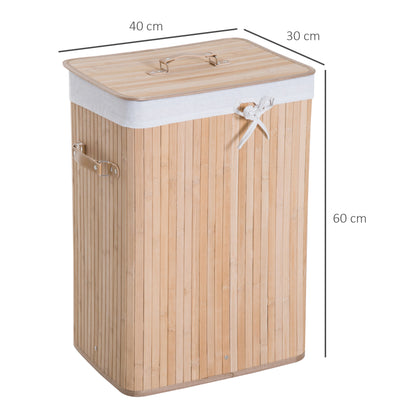70L Collapsible Bamboo Laundry Hamper Organizer Clothes Washing Basket Bin Storage Box w/ Lid Removable Lining 40x30x60cm