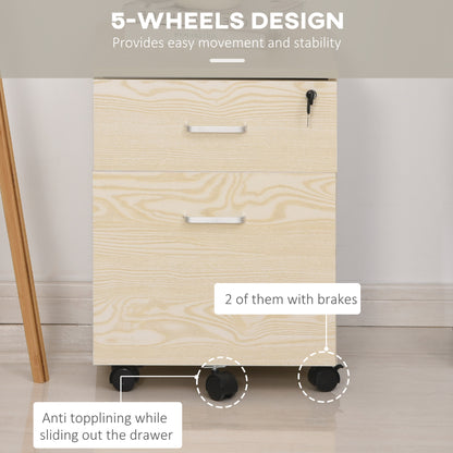 2-Drawer Locking Office Filing Cabinet w/ 5 Wheels Rolling Storage Hanging A4 Cupboard Home Organisation, Oak Wood Grain