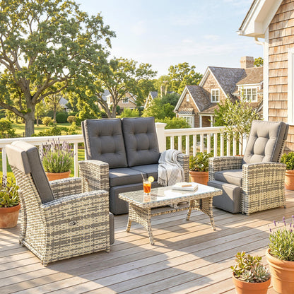 4 Piece Rattan Garden Furniture Set Outdoor Sofa Sectional Set with Glass Top Table for Poolside, Light Grey