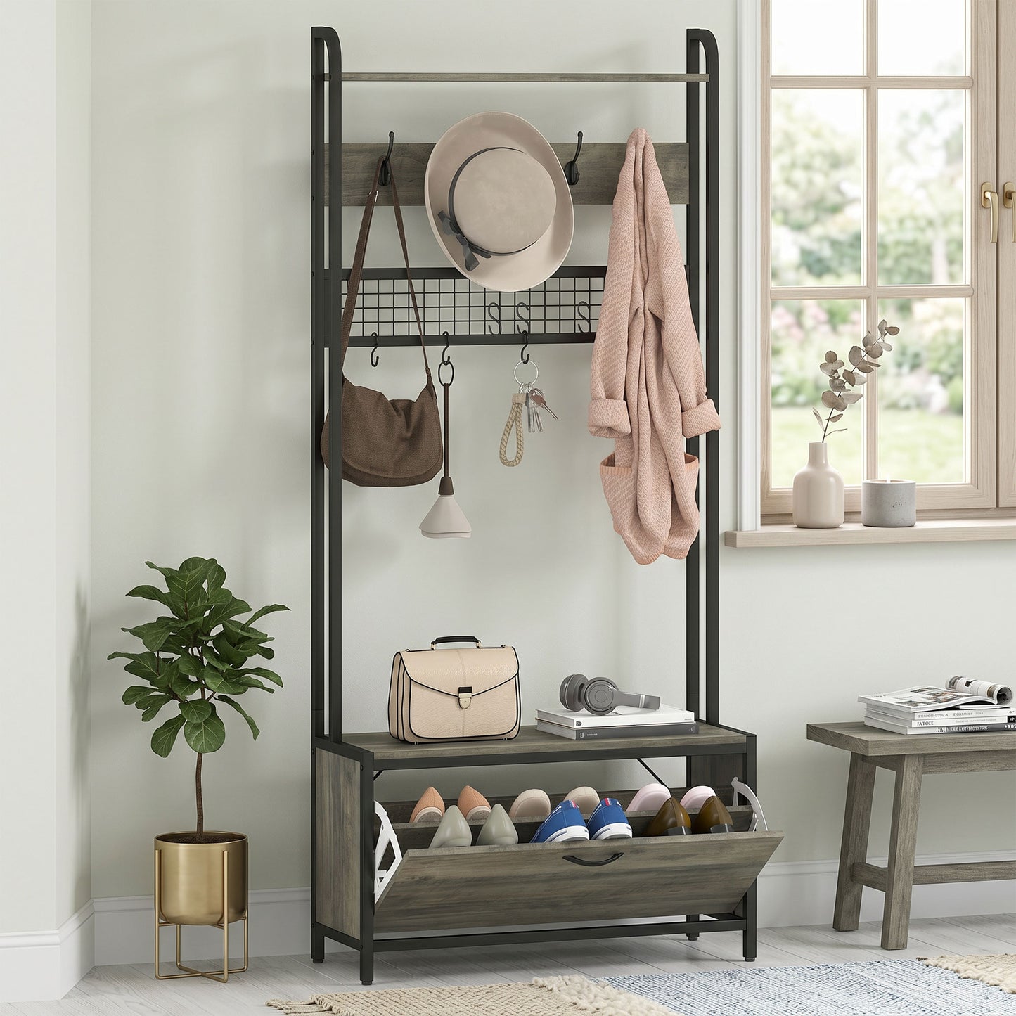 5-In-1 Industrial-Style Hallway Tree - Grey/Black