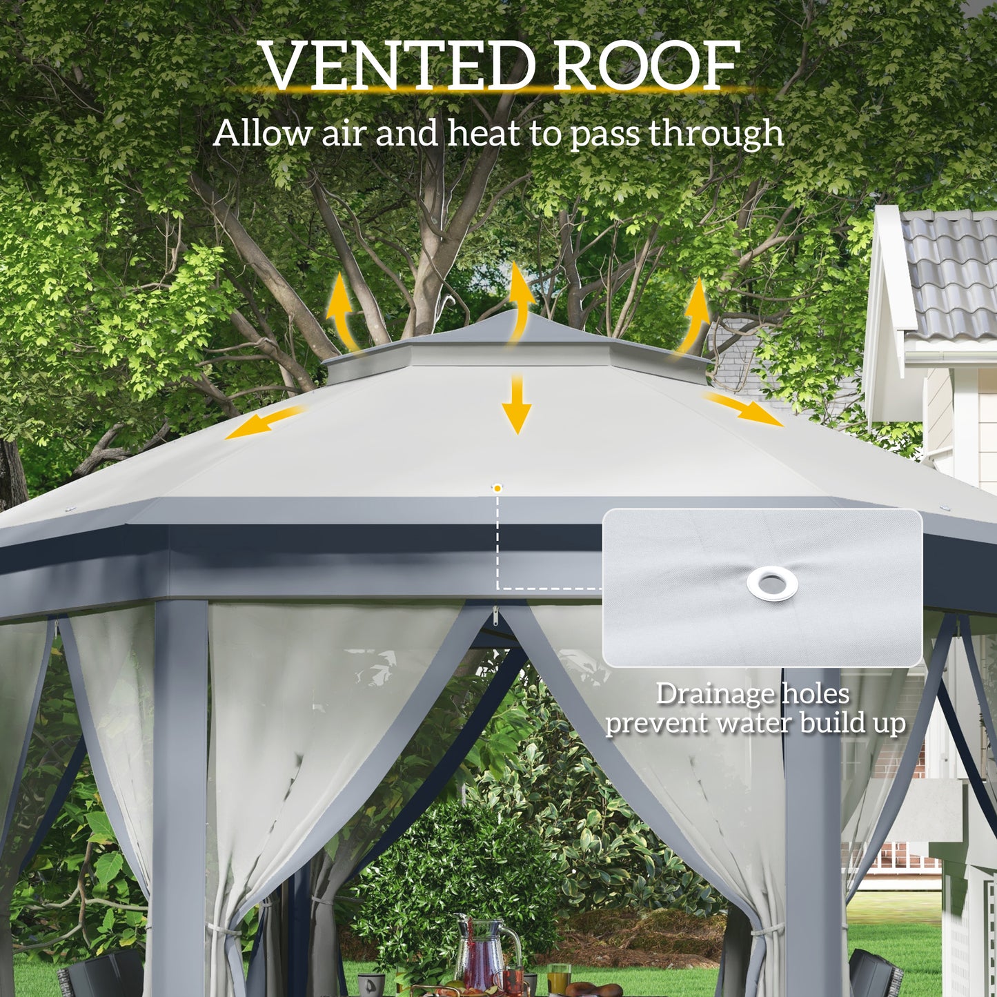 3 x 4m Metal Frame Hexagon Gazebo with UV-resistance Roof and Mesh Curtains - Grey
