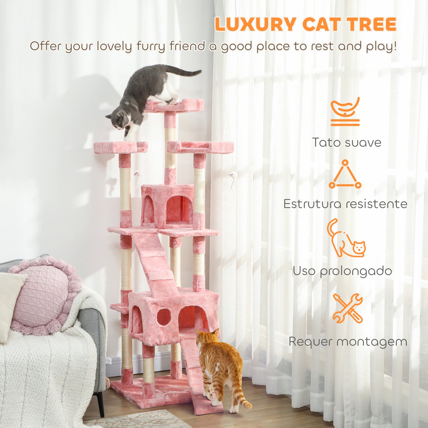 173cm Cat Tree Scratching House, Activity Play Centre, Pink