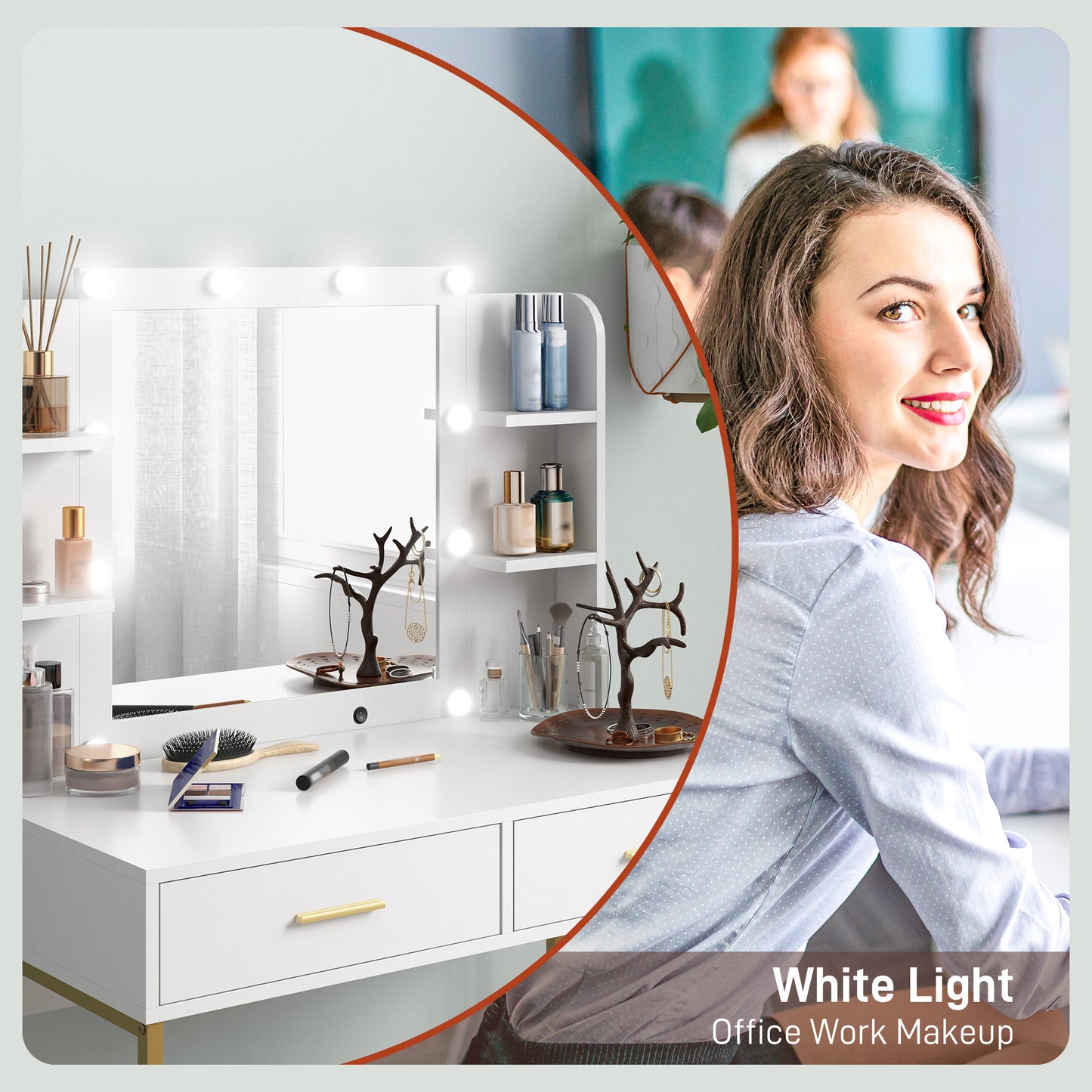 Dressing Table Set, with Storage and Stool - White