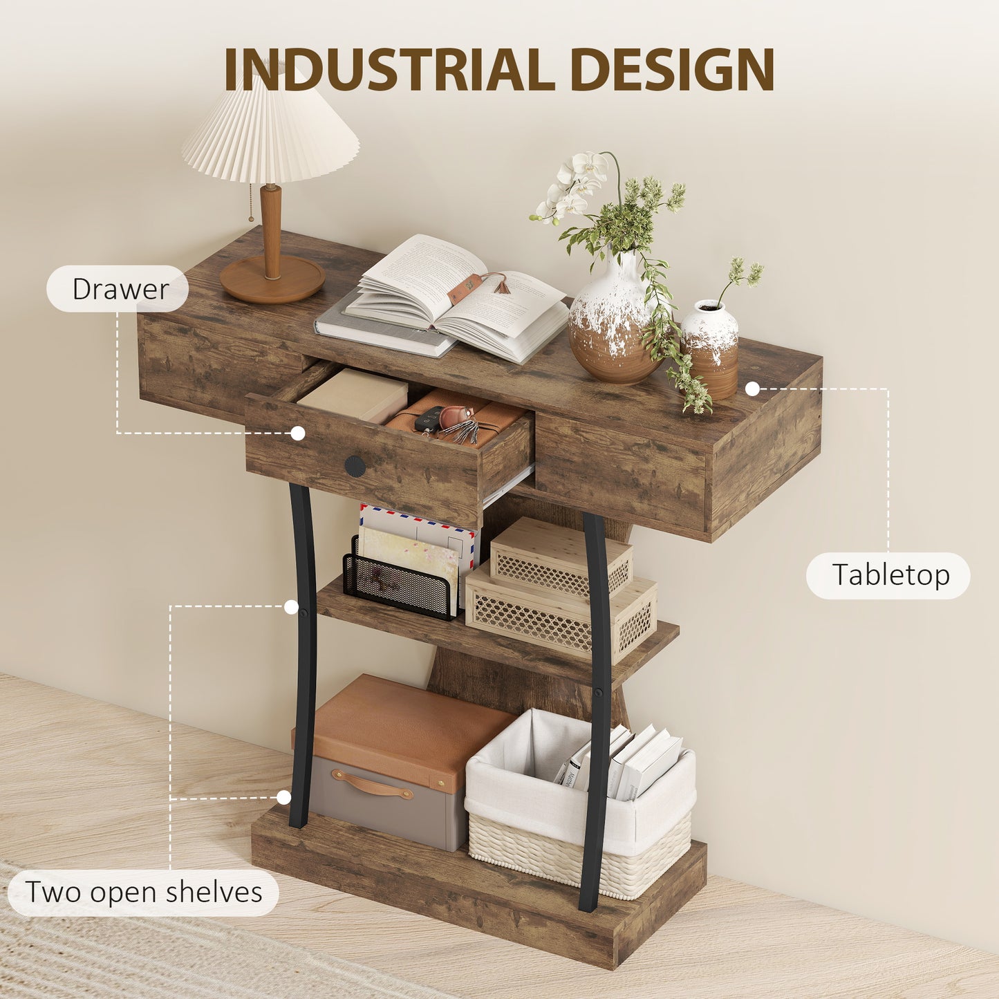 Console Table, 3-Tier Industrial Hallway Table with Drawer, Storage Shelves, 91 x 32 x 87 cm, Rustic Brown