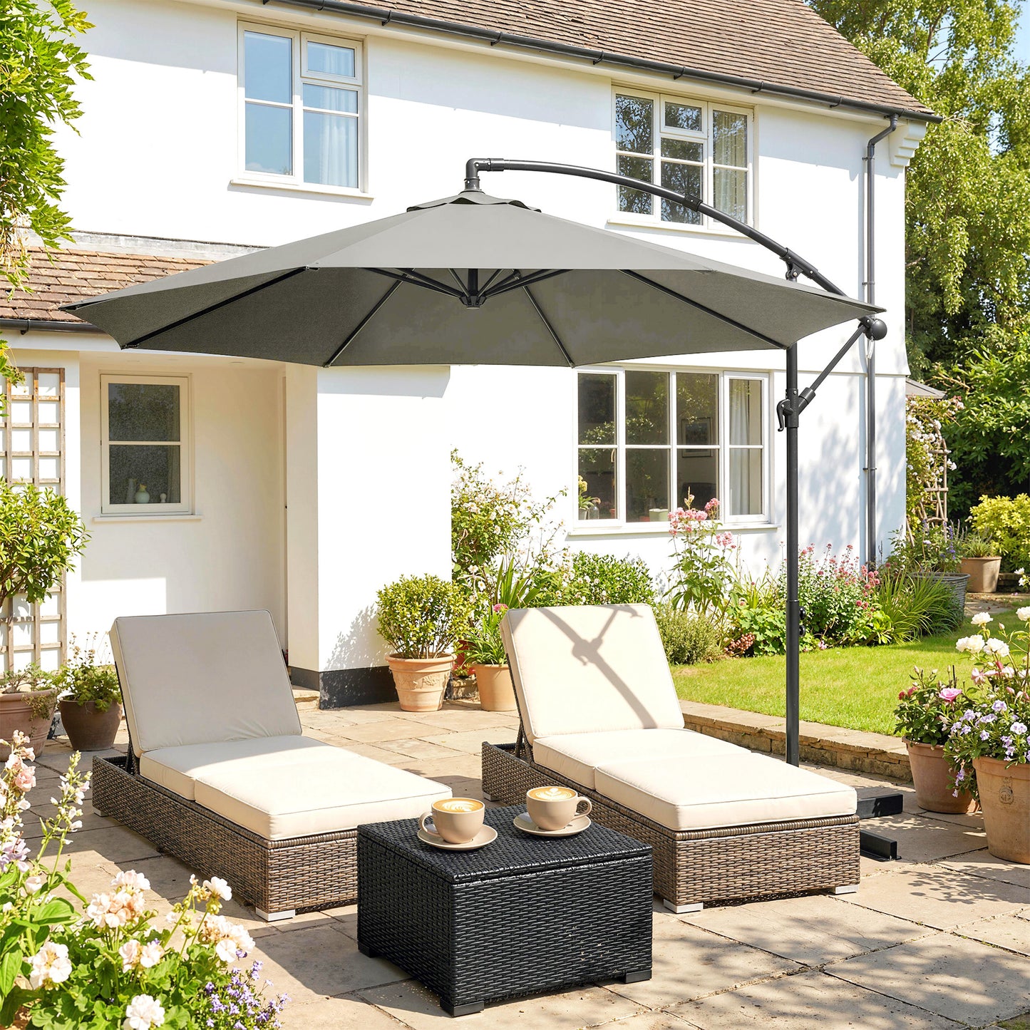 3m Overhanging Cantilever Parasol, with Cross Base - Light Grey