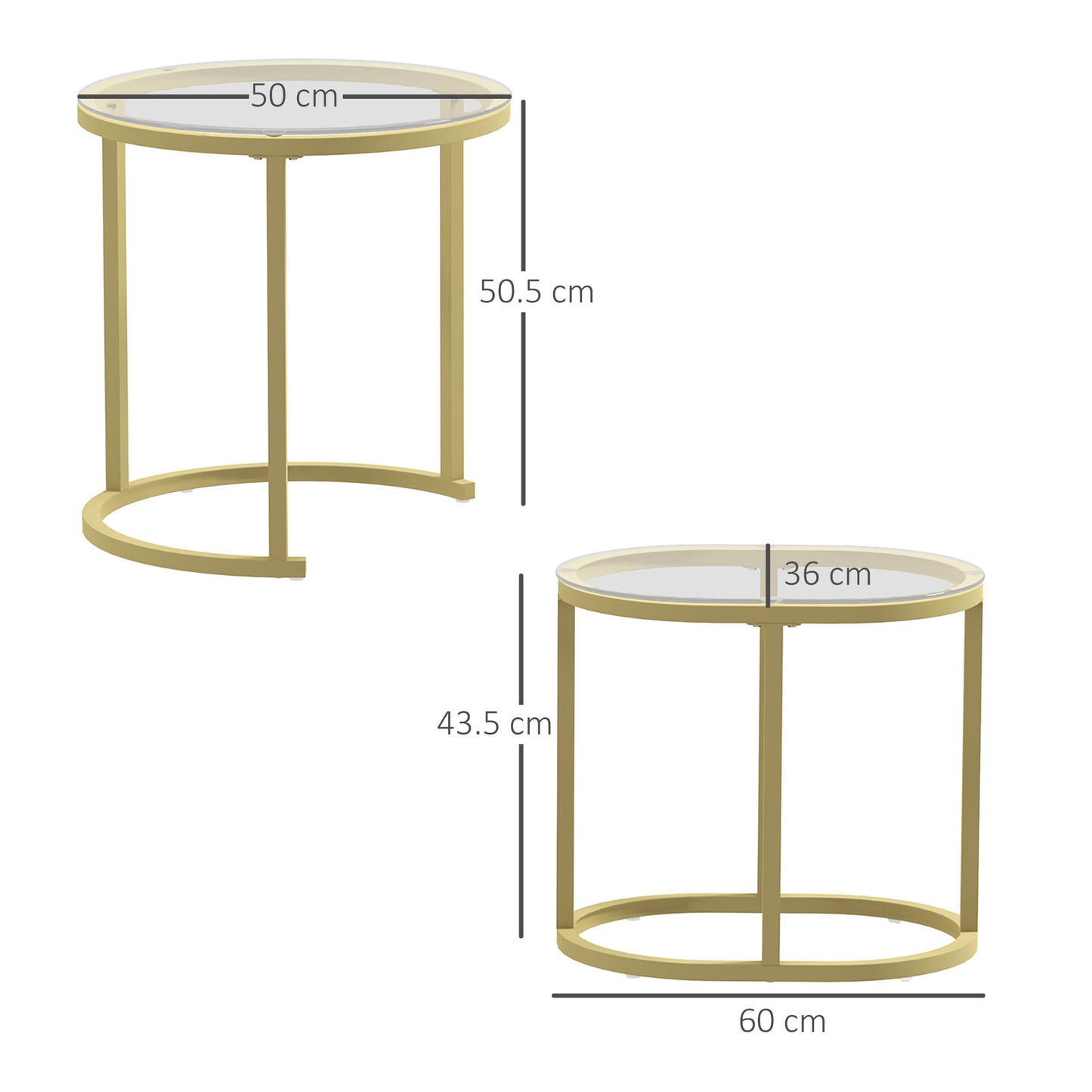 Nest of Tables with Steel Frame and Tempered Glass Tabletop, Modern Coffee Table Set of 2, Clear