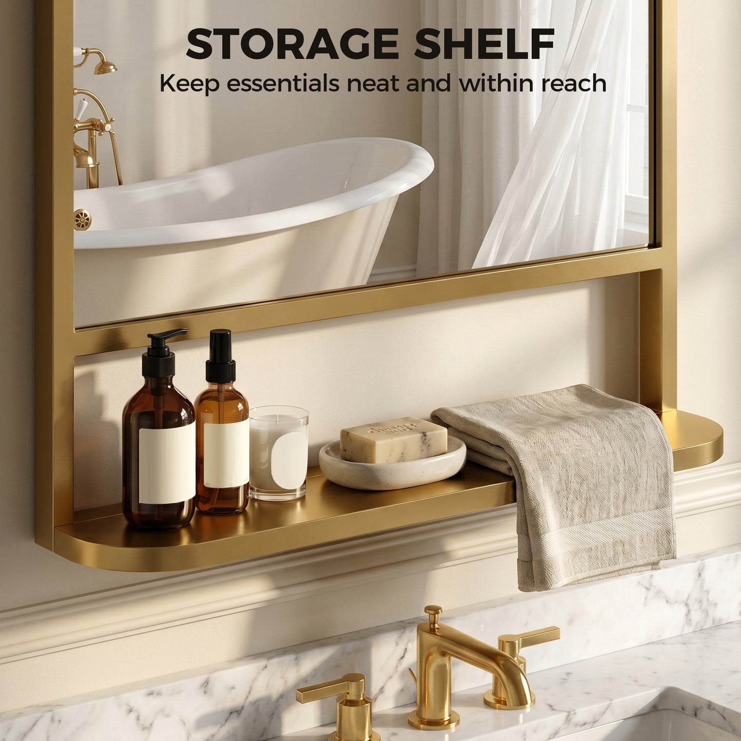 Modern Rectangular Wall Mirror with Storage Shelf, 70 x 50 cm, Gold Tone