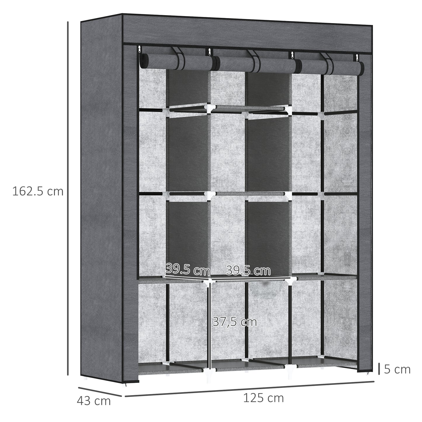 Fabric Wardrobe, with Rails and Shelves - Dark Grey