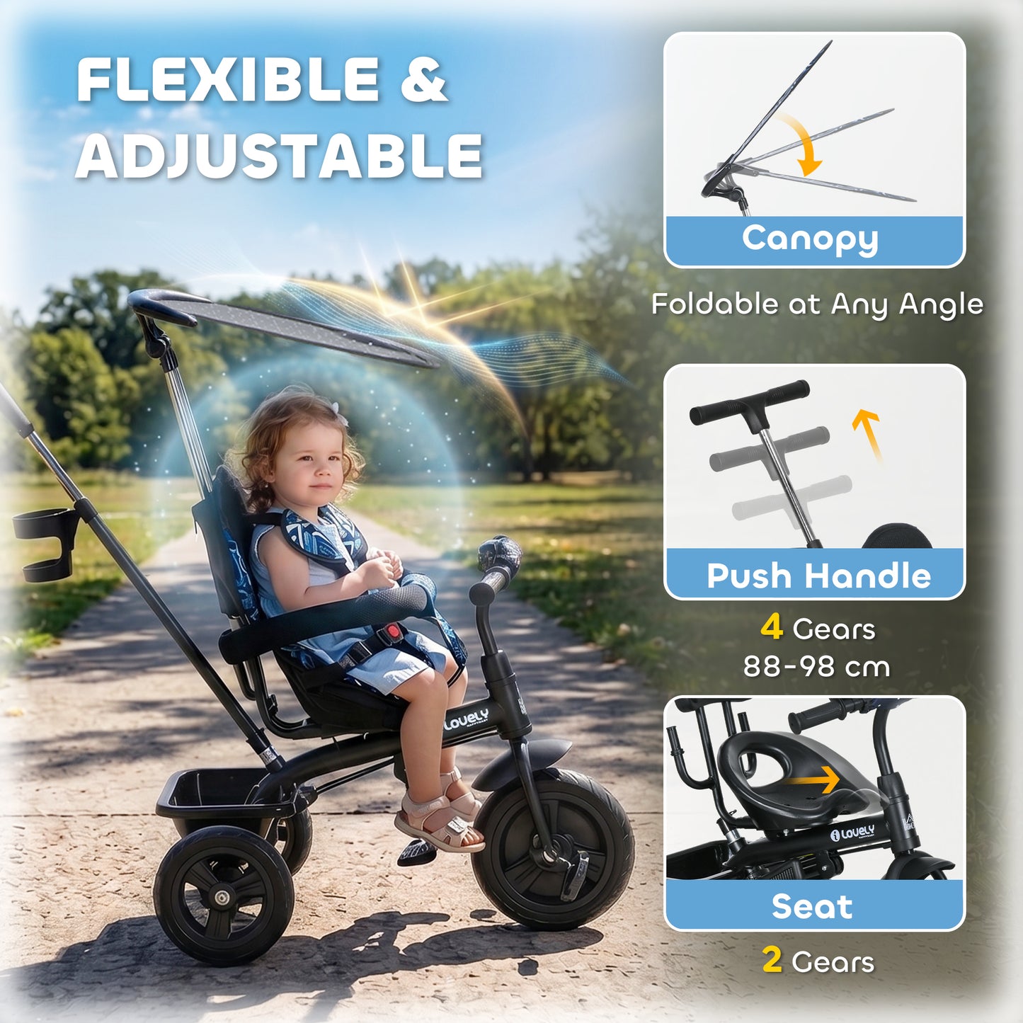 6 in 1 Tricycle for Kids with 5-point harness straps, Removable Canopy, Dark Blue