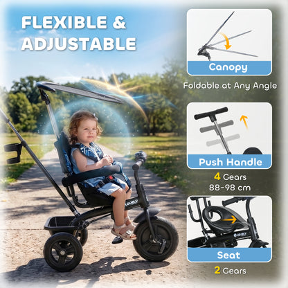 6 in 1 Tricycle for Kids with 5-point harness straps, Removable Canopy, Dark Blue