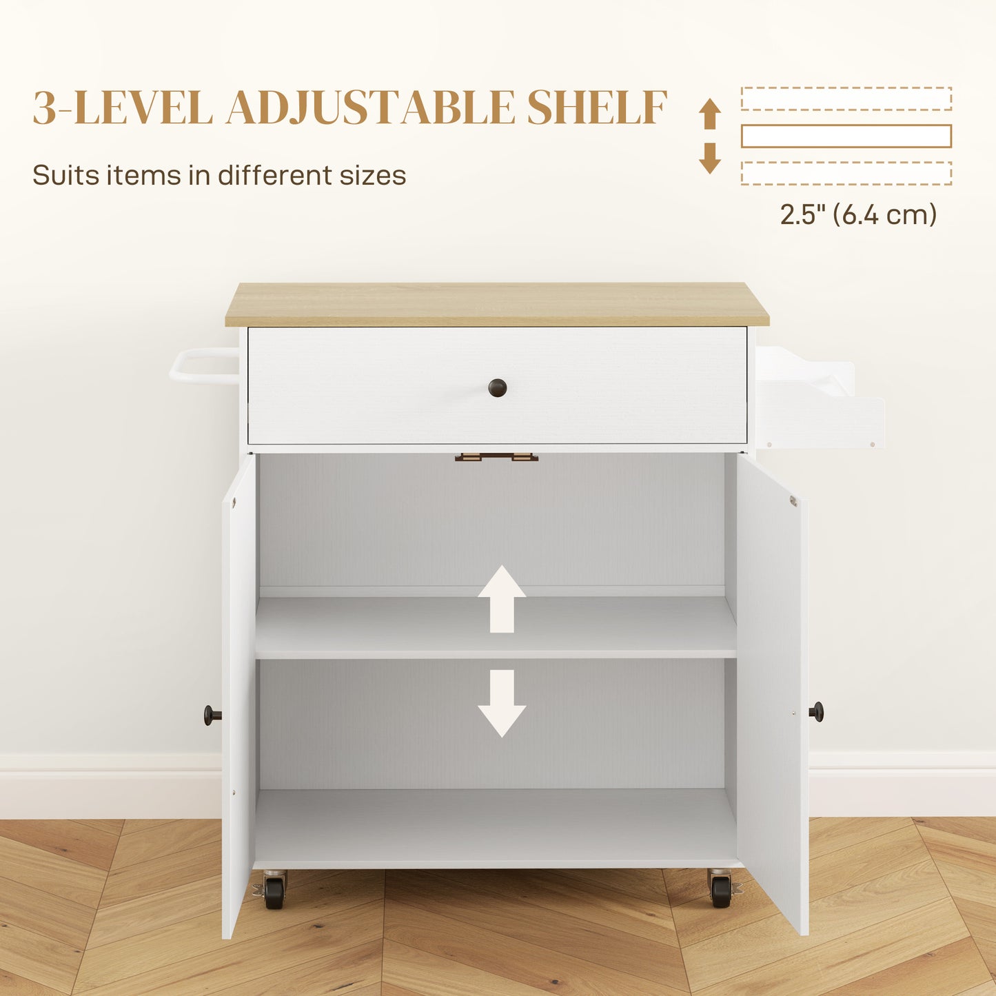 Rolling Kitchen Island with Drop Leaf, Kitchen Storage Cart with Drawer, Spice Rack and Towel Rack, White