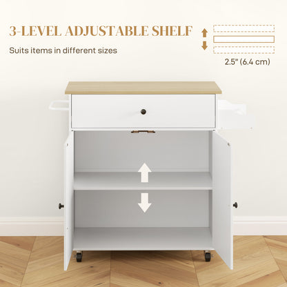 Rolling Kitchen Island with Drop Leaf, Kitchen Storage Cart with Drawer, Spice Rack and Towel Rack, White