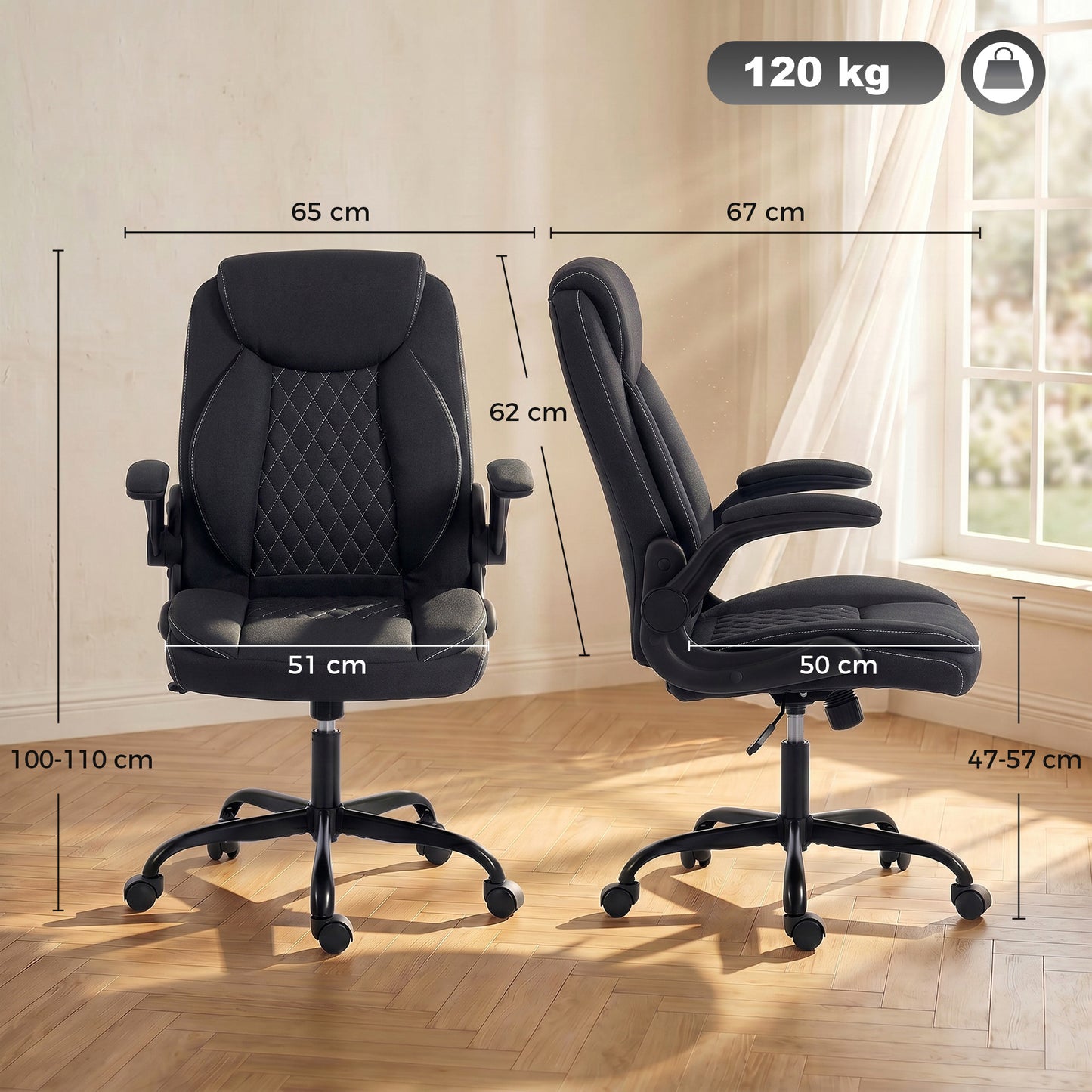 Linen-Look Computer Desk Chair, Executive Office Chair with Flip-Up Armrests and Thick Cushion, Black
