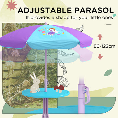 Kids Picnic Table and Chair Set, Fairy Themed Outdoor Garden Furniture w/ Foldable Chairs, Adjustable Parasol