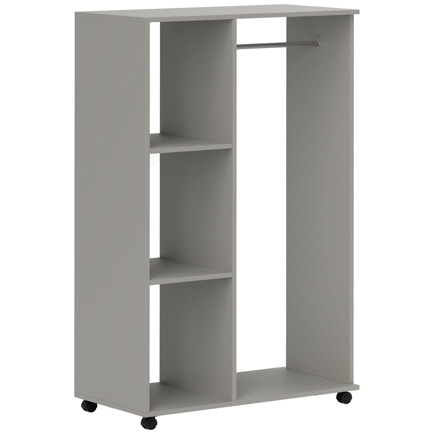 Open Wardrobe on Wheels, Bedroom Wardrobe with Clothes Hanging Rail, 3 Storage Shelves, Mobile Garment Rack for Cloakroom