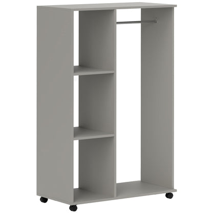 Open Wardrobe on Wheels, Bedroom Wardrobe with Clothes Hanging Rail, 3 Storage Shelves, Mobile Garment Rack for Cloakroom