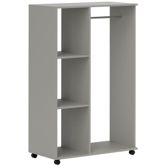 Open Wardrobe on Wheels, Bedroom Wardrobe with Clothes Hanging Rail, 3 Storage Shelves, Mobile Garment Rack for Cloakroom