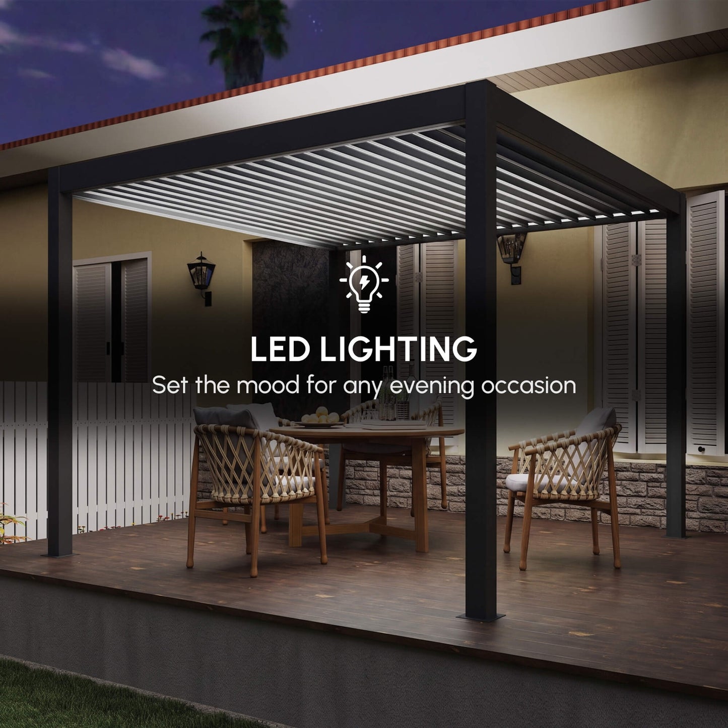 3 x 3(m) Electric Louvered Pergola with LED Lights, Aluminium Pergola Hardtop Gazebo with Remote