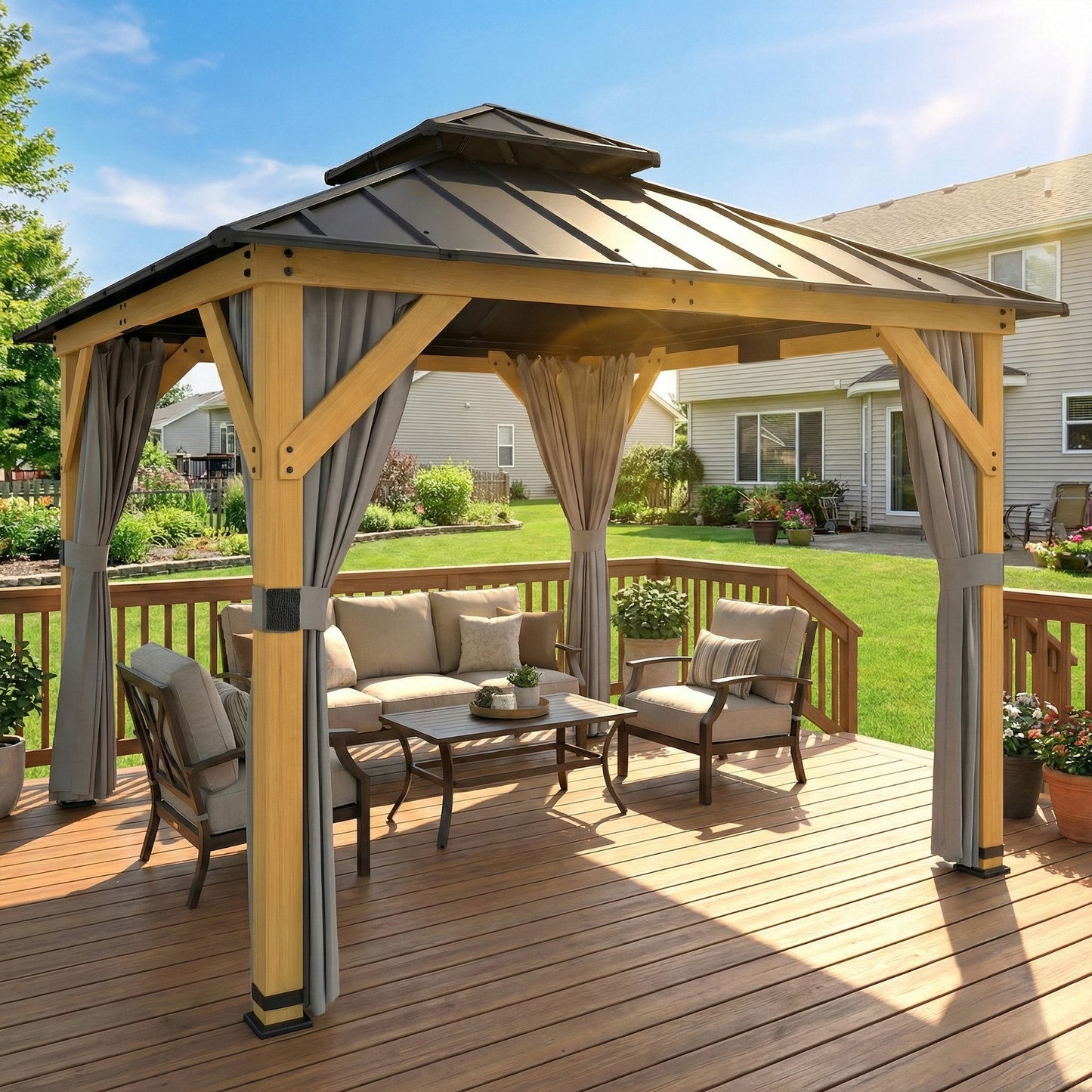 3 x 3 m Outdoor Hardtop Gazebo Canopy with 2-Tier Steel Roof, Wood Garden Gazebo with Curtains, Grey