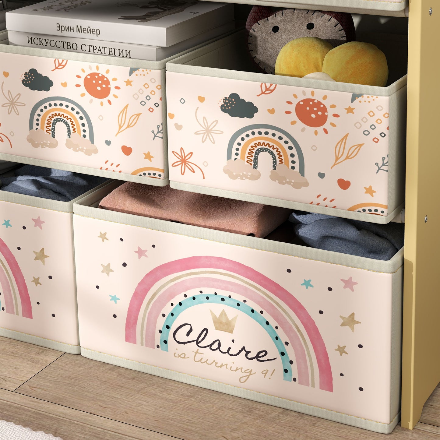 3-Tier Kids Storage Unit with 9 Non-Woven Fabric Boxes for Toys, Books, for Bedroom, Nursery, Yellow