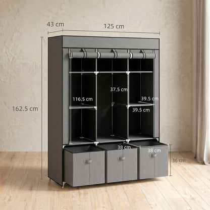 Foldable Fabric Wardrobe for Bedroom, Portable Wardrobe with 5 Shelves, 2 Hanging Rails and 3 Fabric Drawers, Dark Grey