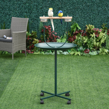 Bird Perch Stand with Four Wheels, Feeding Bowls, for Small, Medium Birds, Green