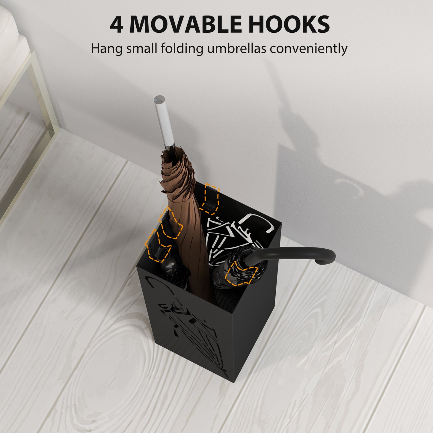 Metal Umbrella Stand, Square Umbrella Holder with 4 Hooks and Removable Drip Tray