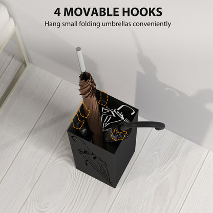 Metal Umbrella Stand, Square Umbrella Holder with 4 Hooks and Removable Drip Tray