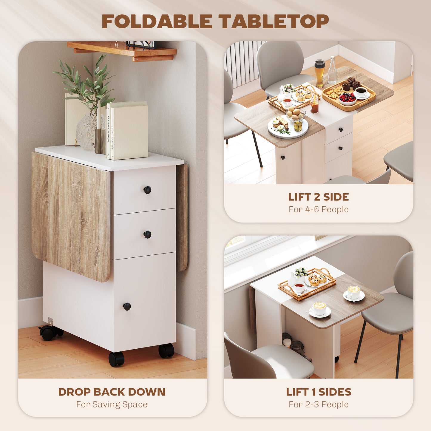 Multi-Storage Six-Person Drop Leaf Dining Table - Oak and White