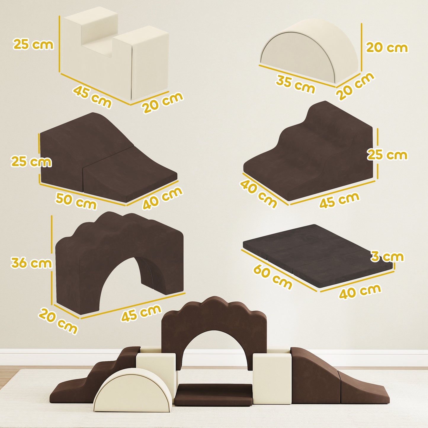 7 Piece Kids Soft Play Set with Detachable Cover, Baby Indoor Climb and Crawl Foam Toy for Toddlers, Brown