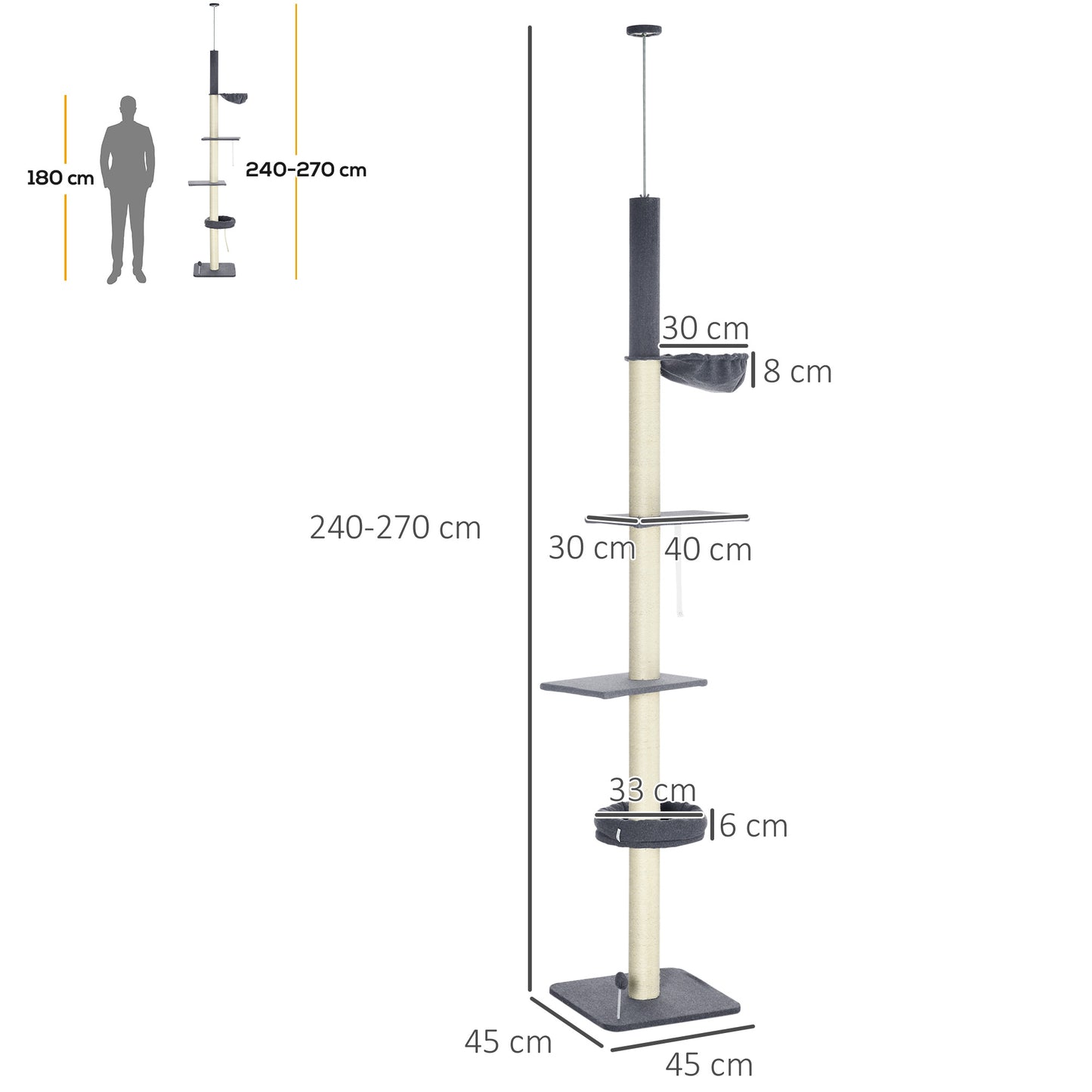 240-270cm Floor-To-Ceiling Cat Tree, 5 Tier Cat Climbing Tower, with Bed, Hammock, Platforms, Dark Grey and Cream