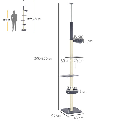 240-270cm Floor-To-Ceiling Cat Tree, 5 Tier Cat Climbing Tower, with Bed, Hammock, Platforms, Dark Grey and Cream