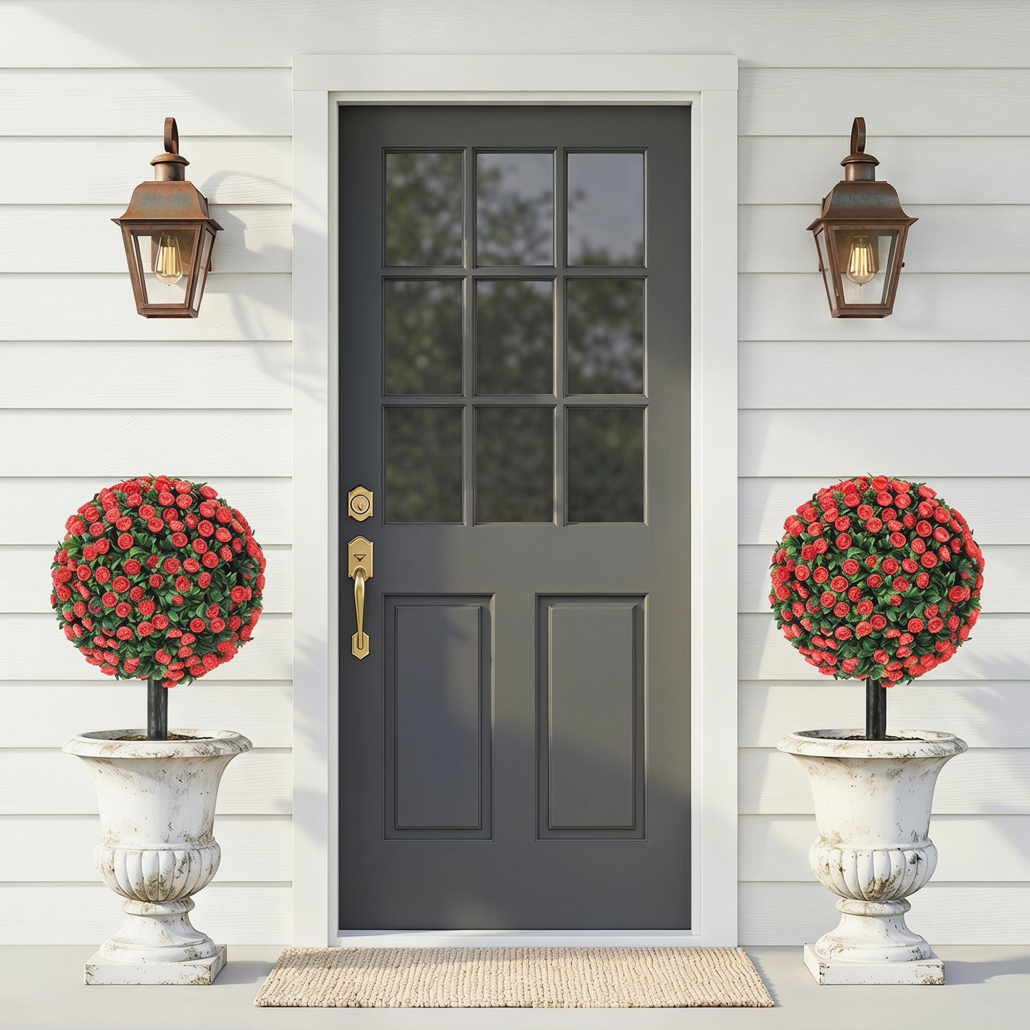 Artificial Rose Topiary UV Resistant, 2-Pack Fake Plants, 55 cm, Red