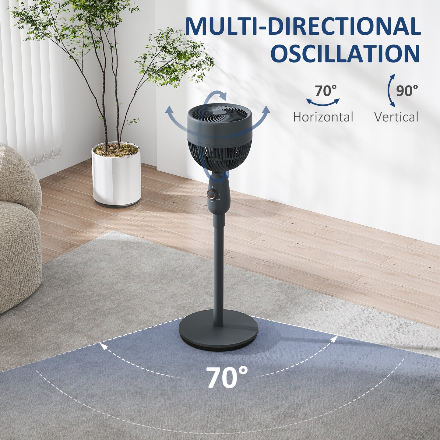 Pedestal Fan, Powerful Air Circulator, 36 Inch Floor Standing Fan with 3 Speed Settings, 70° Oscillating for Bedroom