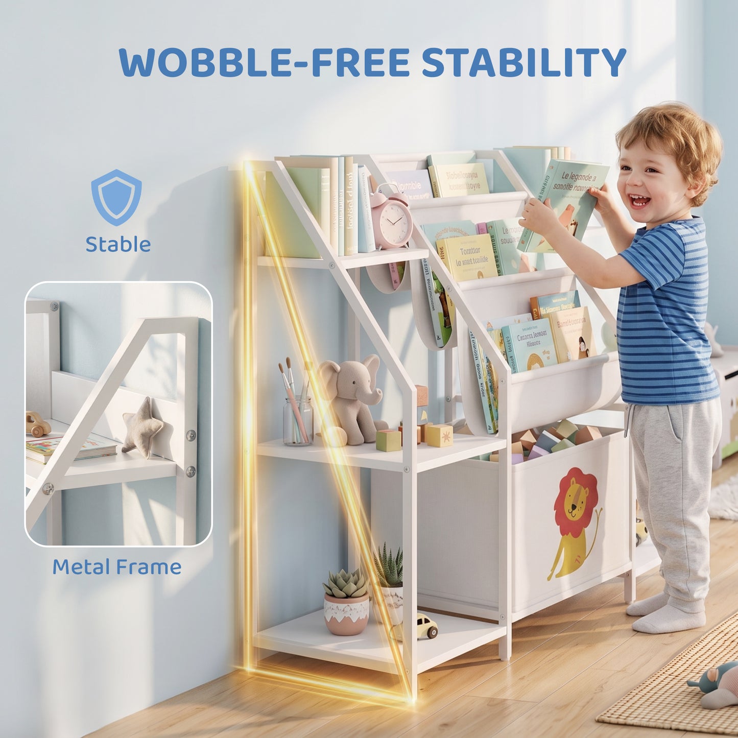 Kids Bookshelf and Toy Storage with 3-Tier Sling Book Rack and Fabric Drawer for Nursery, Bedroom, Playroom, White