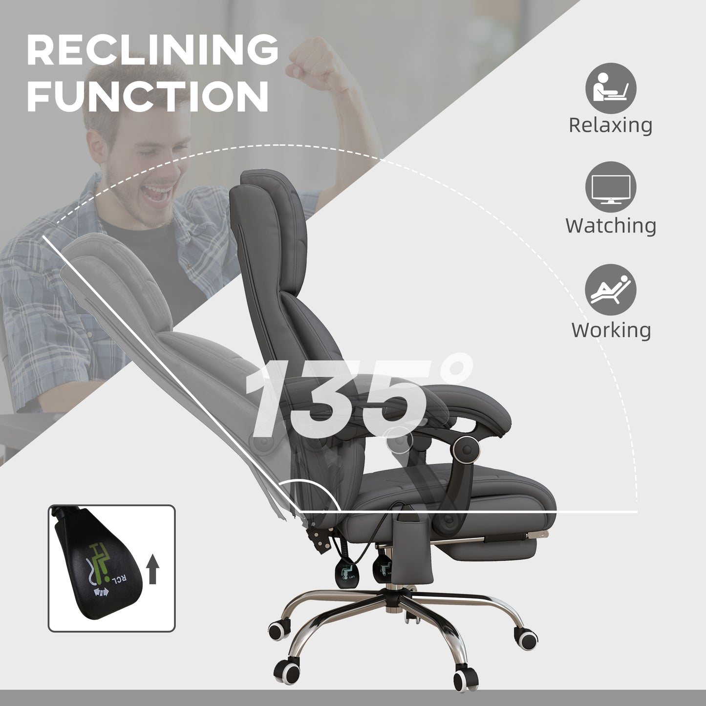 High Back Vibration Massage Office Chair, Heated Reclining PU Leather Computer Chair with Footrest, Grey