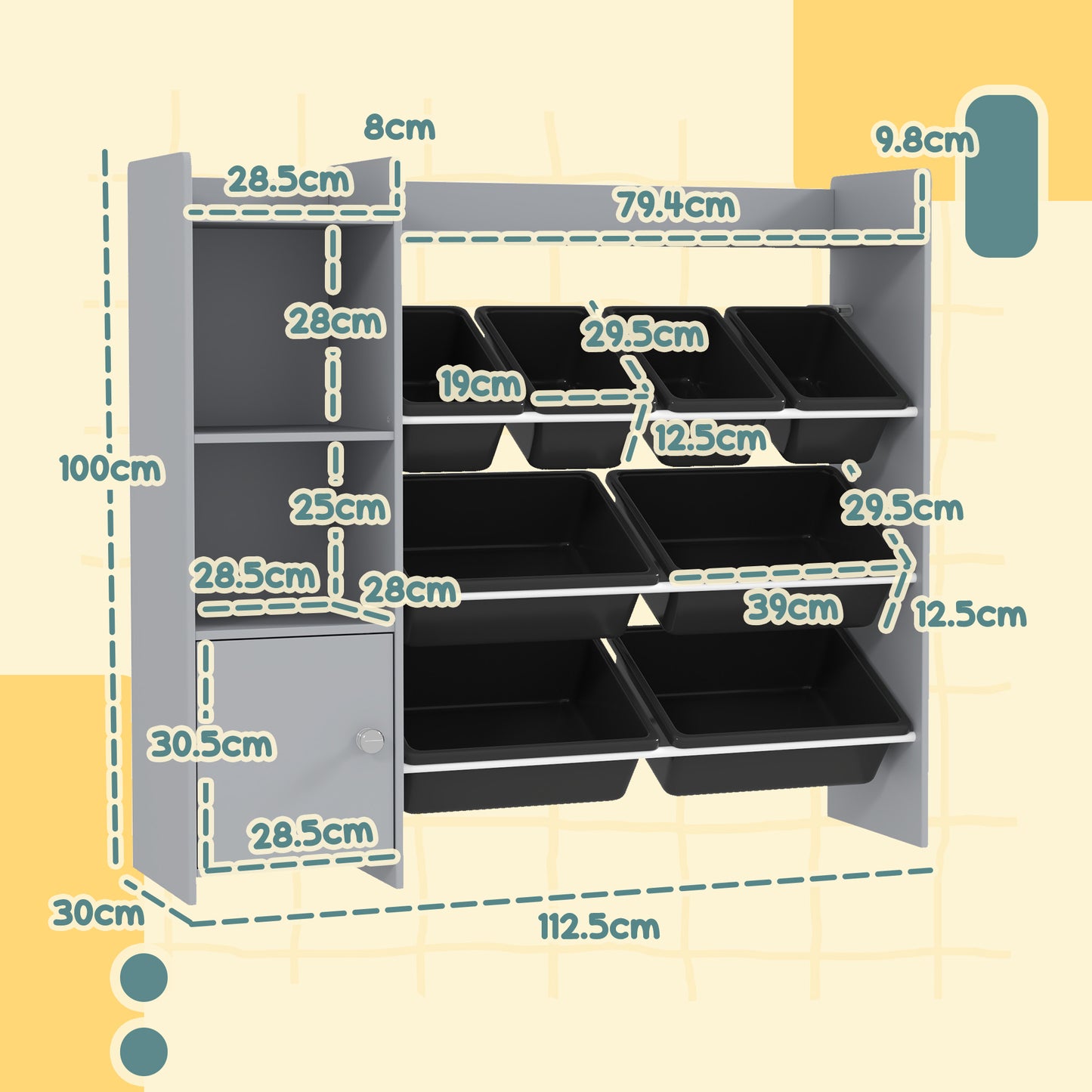 Toy Storage Unit with 8 Removable Bins, Storage Shelves, Cabinet, Grey