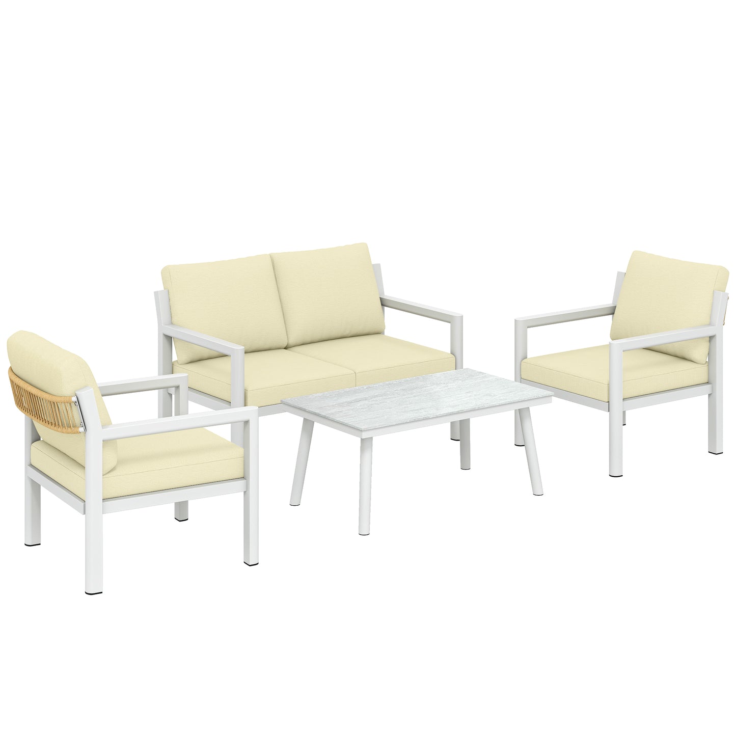 4 Seater Rattan Garden Furniture Set with 2 Armchairs, Loveseat, Coffee Table, Garden Sofa Set with Cushions, Beige