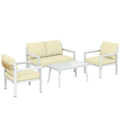 4 Seater Rattan Garden Furniture Set with 2 Armchairs, Loveseat, Coffee Table, Garden Sofa Set with Cushions, Beige