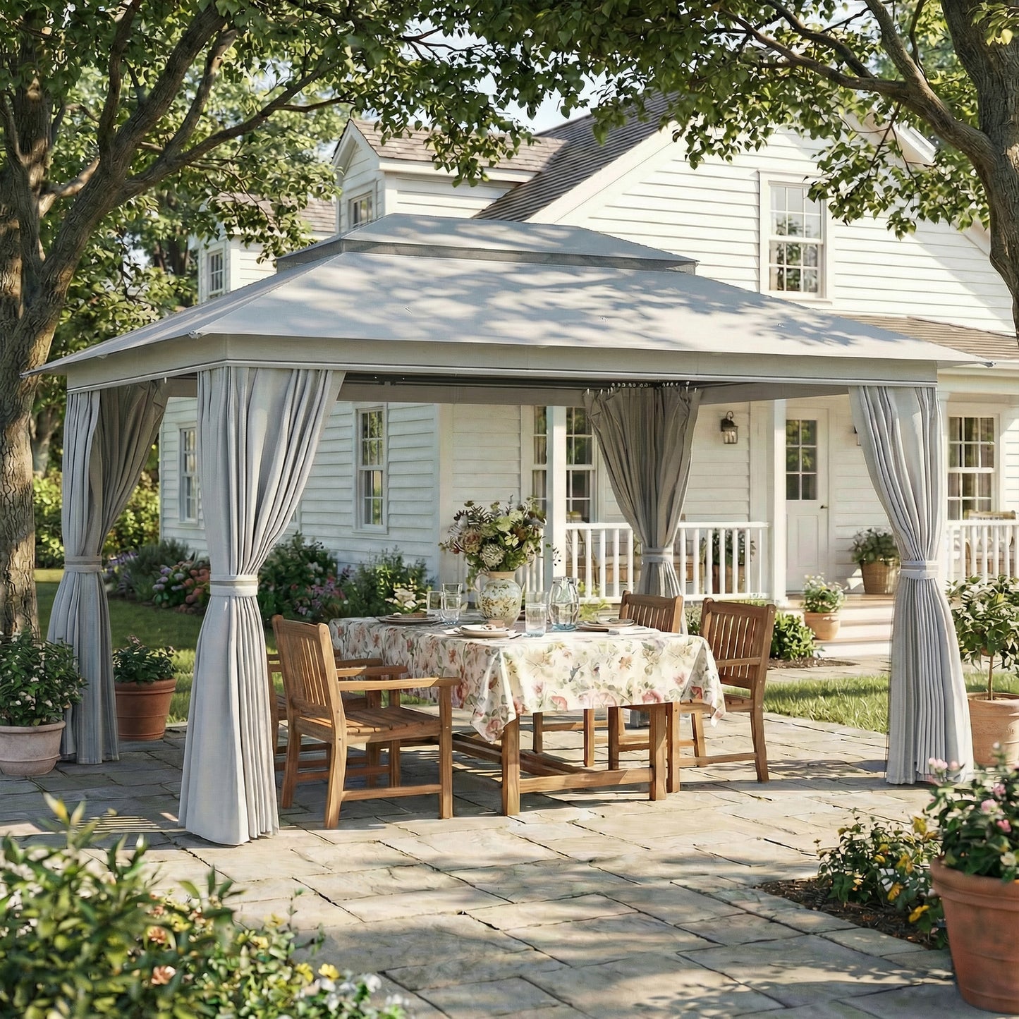 3 x 4 m Outdoor Garden Gazebo with Netting and Curtains, UPF50+ Patio Gazebo Permanent Pavilion Canopy, Dark Grey