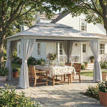 3 x 4 m Outdoor Garden Gazebo with Netting and Curtains, UPF50+ Patio Gazebo Permanent Pavilion Canopy, Dark Grey